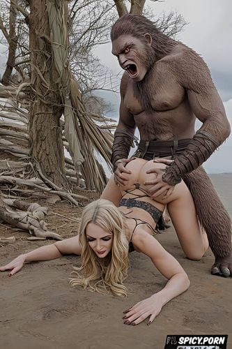 male sasquatch deep humping woman from behind, doggy fucking her deep