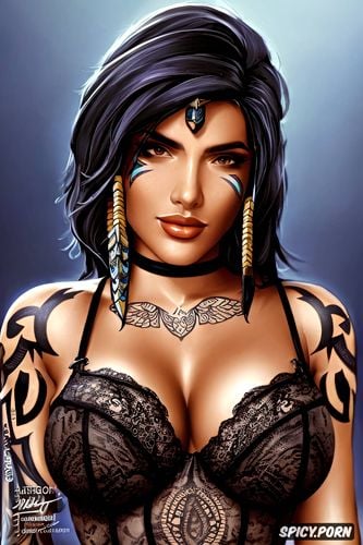 ultra detailed, ultra realistic, high resolution, pharah overwatch beautiful face young tattoos tight exotic black lace lingerie smirking portrait masterpiece