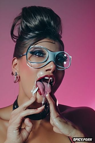 sophia loren, mouth wide open, ahegao, cum on glasses, cum on tong