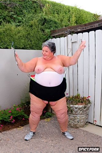 wearing white wet coton tight shorts, side view, an old fat woman naked with obese ssbbw belly