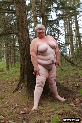 pale old granny wide thick hairy pussy floppy tits, in woods