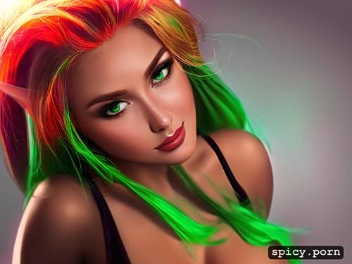 colar, tanned skin, perfect face, red n green hair, hair is short
