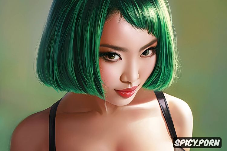 asian woman, green hair, large tits, seductive, bobcut hair