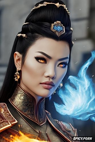 artstation, flame crown, face shot, black hair in an intricate updo