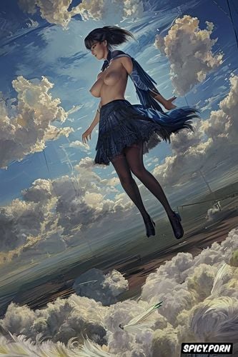 impressionist painting, impressionist portrait, blue sky, flat chest flying jewish teen flying in the sky