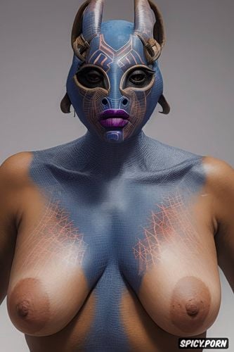 athletic body, mandrill mask, mandrillhead, blue pink nose, mandrillwoman