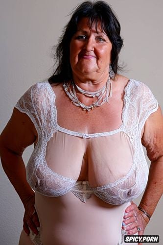 sexy pose, big obese body, extremely busty, white skinned old granny housewife