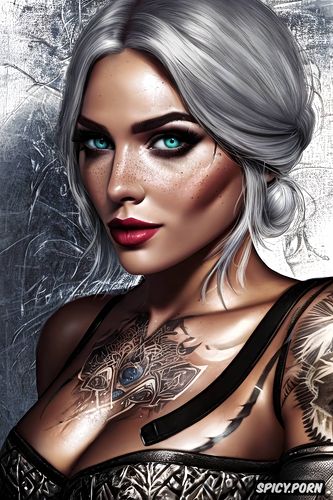 high resolution, ultra detailed, ultra realistic, ciri the witcher beautiful face young tight outfit tattoos masterpiece