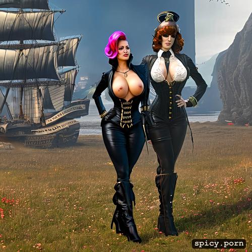 large breasts, pirate outfit, vibrant colors, steampunk airship deck