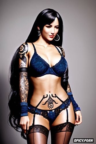 tattoos masterpiece, k shot on canon dslr, ultra detailed, tifa lockhart final fantasy vii rebirth beautiful face young tight low cut dark blue lace lingerie tiara