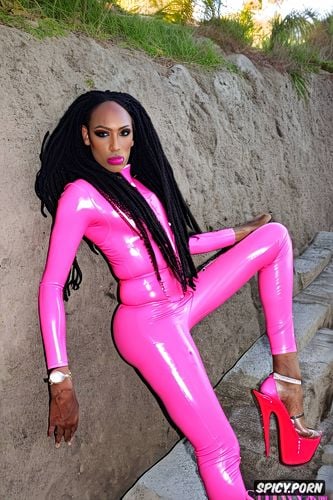 ebony tranny with long dreadlocks, showing huge erect dick, wearing pink latex pants