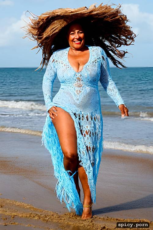 giant hanging tits, high heels, long hair, color portrait, 62 yo beautiful white caribbean carnival dancer