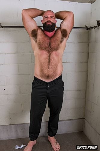 solo very hairy gay beefy old man only wearing pants showing full body and perfect face beard showing hairy armpits indoors chubby body in jail cell
