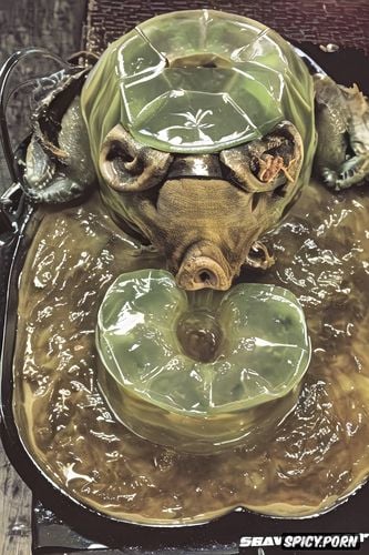 rusty pigs head in green aspic head of pig, drained of, with a covering of rust on the outside of the chunk of aspic