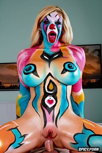 clown bimbo, meaty pussy lips, looking at camera, massive round breasts