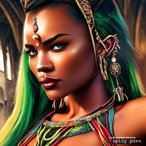 church, gorgeous face, natural boobs, african female, green hair