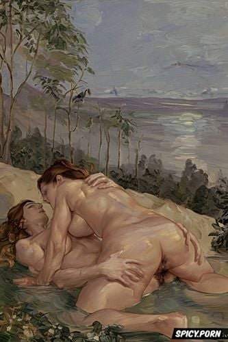 courbet, very hairy vagina, twisting torso, dreamy, man keanu reeves grabs woman s neck