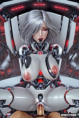 cyborg, legs spread open, intricate details, nipples with big holes