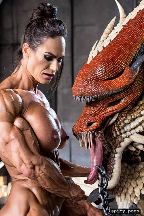 masterpiece, highres, vore, nude muscle woman vs dragon, realistic