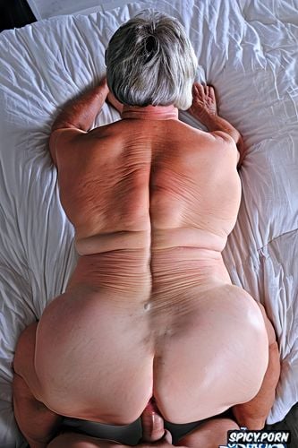 tan lines, white granny, gorgeous face, hyperrealistic pregnant muscular thighs red bobcut haircut show pussy from behind