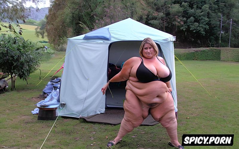 inside a tent, oiled body, smiling white woman, thick thighs