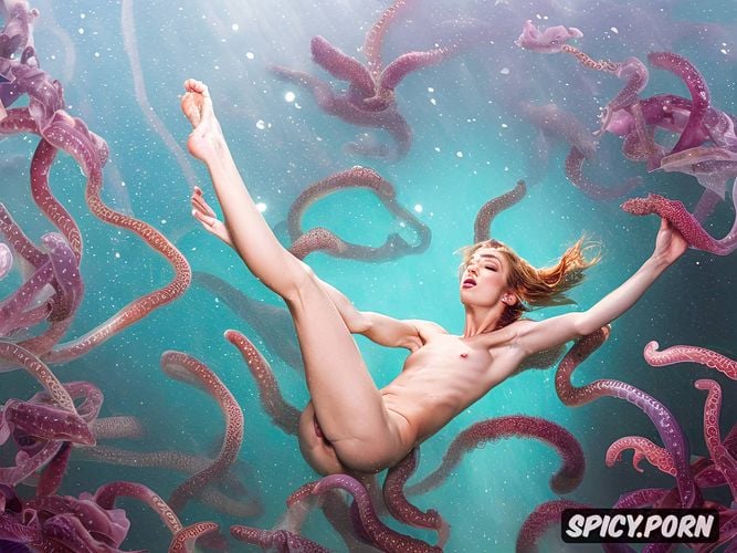 skinny body, being fucked by clear tentacles, green eyes, totally naked