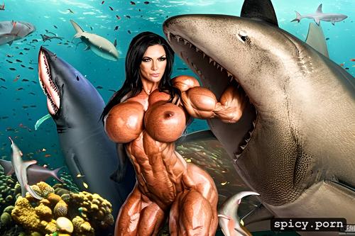 freckles, sharp teeth, nude muscle woman vs shark, highres, ultra detailed