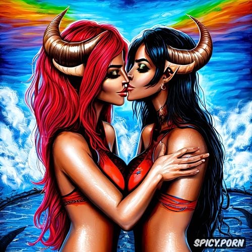 lesbian couple kissing in lust, devil with horns, sidele, rainbow sky