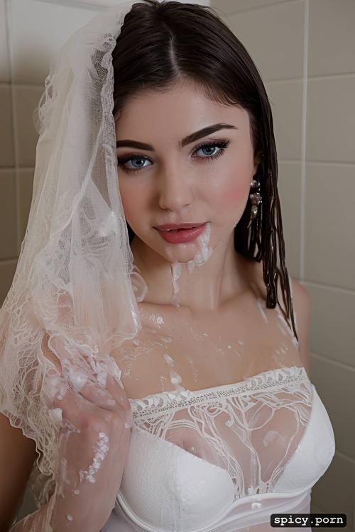 wet hair, white lace stockings, 18 years old, no makeup, soapy body