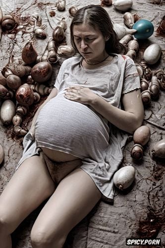 young russian gives birth to alien horror egg, brown hair, shugar face