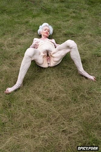 completely naked, white hair, lying on the grass, cum in pussy