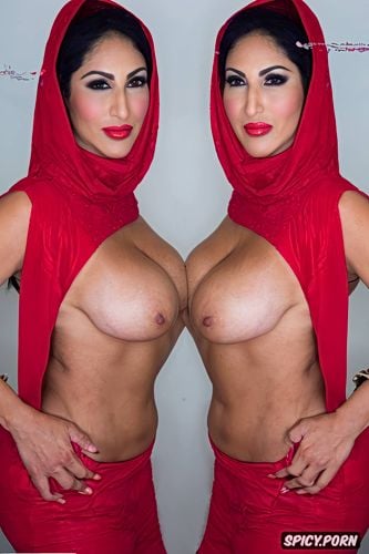 solid color background, totally naked in only red hijab, hourglass shape body