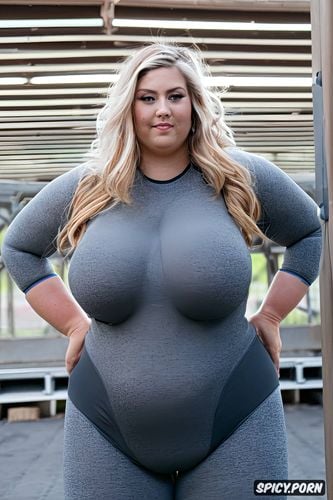 big tits, exposed huge tits, massive saggy boobs, topless, spandex athletic shorts