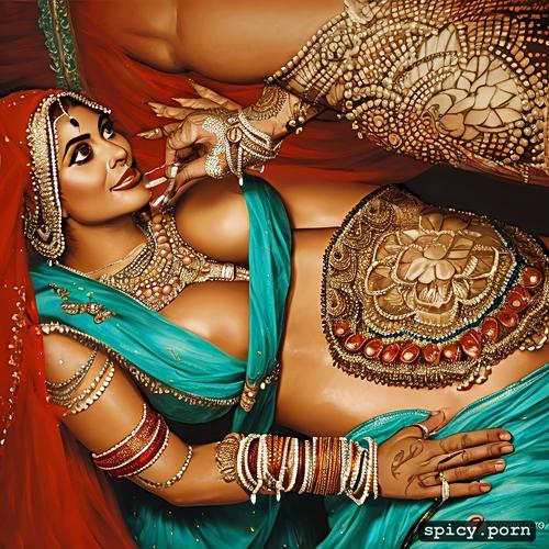 shaved vagina, legs spread wide exposed, entire breast covered in mehendi