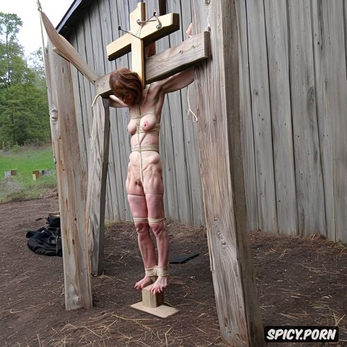 ashamed face, big breasts, 1 1 crucified to a wooden cross, skinny