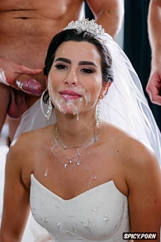 looking at camera, multiple penises around her face, bride, multiple men one woman