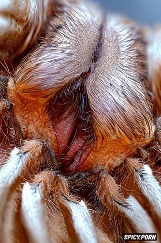 close up of hairy tarantula legs extending from between the labia