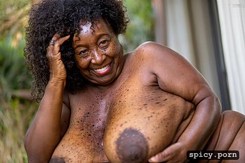 ebony, full body, freckles, smiling face, ugly, color, fat arms