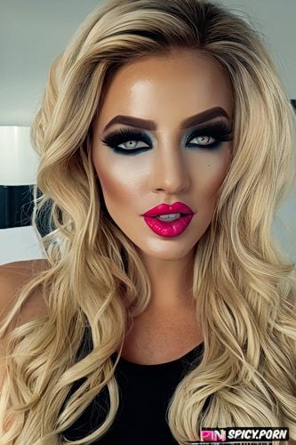 huge pumped up lips, blonde bimbo, over the top makeup, beautiful face closeup