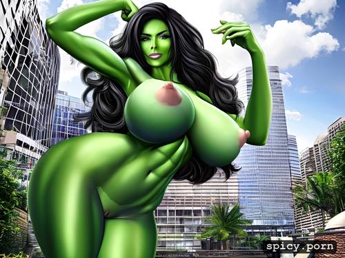 she hulk, photo realism, mammoth breasts, naked, mega nipples