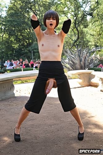 futanari, futanari with a massive penis, nude in a public park