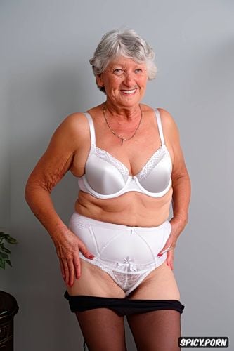 grey hair, short hair, big dark bushy hairy pussy, fit granny year old in white retro underwear