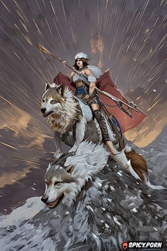 spear thrower, paws, princess mononoke squatting on the back of a giant wolf