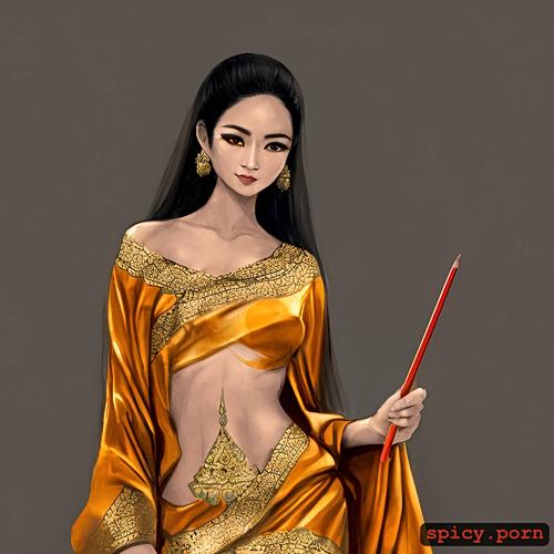 smirk, slim, very detailed face, see through orange robe, thai girl