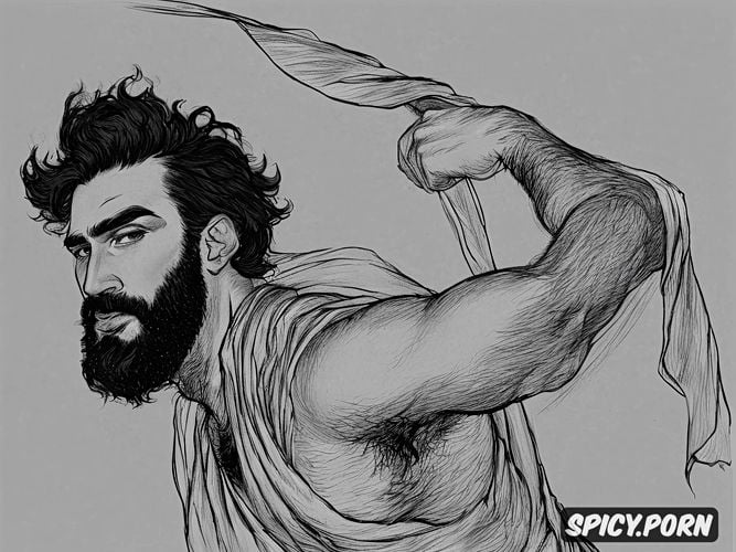 intricate hair and beard, full body shot, artistic sketch of a bearded hairy man wearing a draped toga in the wind