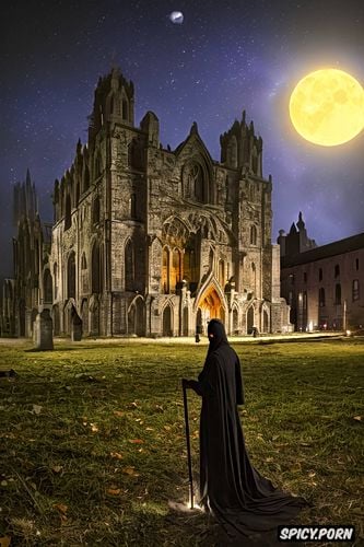 moonlight, scary glowing grim reaper, realistic, complete, haunted abbey ruin at night