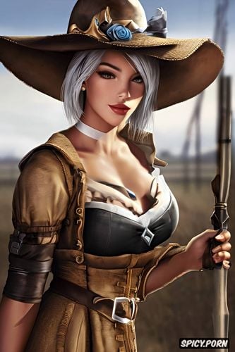 k shot on canon dslr, ultra detailed, masterpiece, ashe overwatch tight low brown peasant farmer dress beautiful face portrait