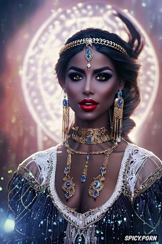 masterpiece, 8k shot on canon dslr, fantasy muslim queen beautiful face full lips arab skin long soft dark black hair in a braid diadem full body shot