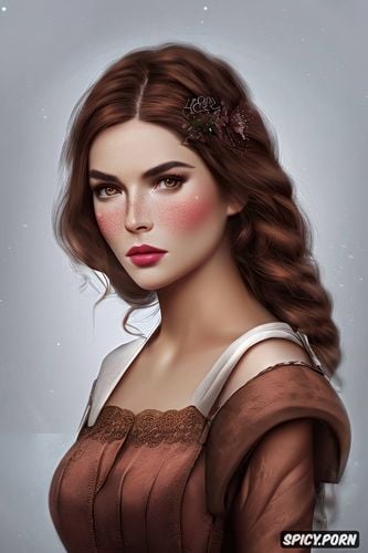 sweet, tight low brown peasant farmer dress, masterpiece, bethany hawke dragon age beautiful face pale rosy kissed skin long soft chestnut brown hair