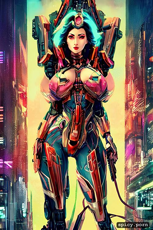 key visual, vibrant, centered, busty, strong warrior robot, intricate